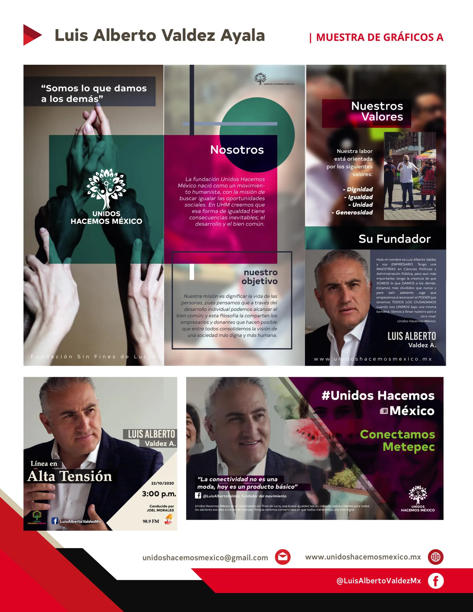 Tríptico de la fundación, gráfico de la entrevista “Línea en Alta Tensión” y banner “Conectamos Metepec”.
