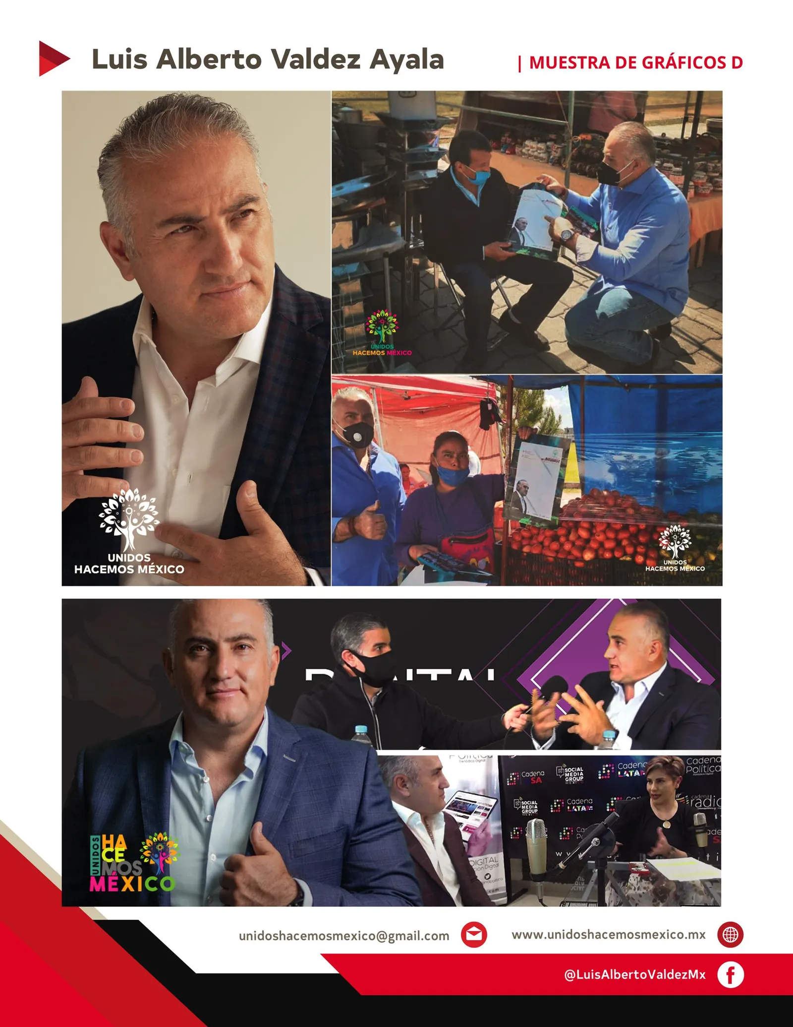 Retratos y fotografías en tianguis con el logo de la fundación, y collage de entrevistas en Digital TV y Cadena Política.