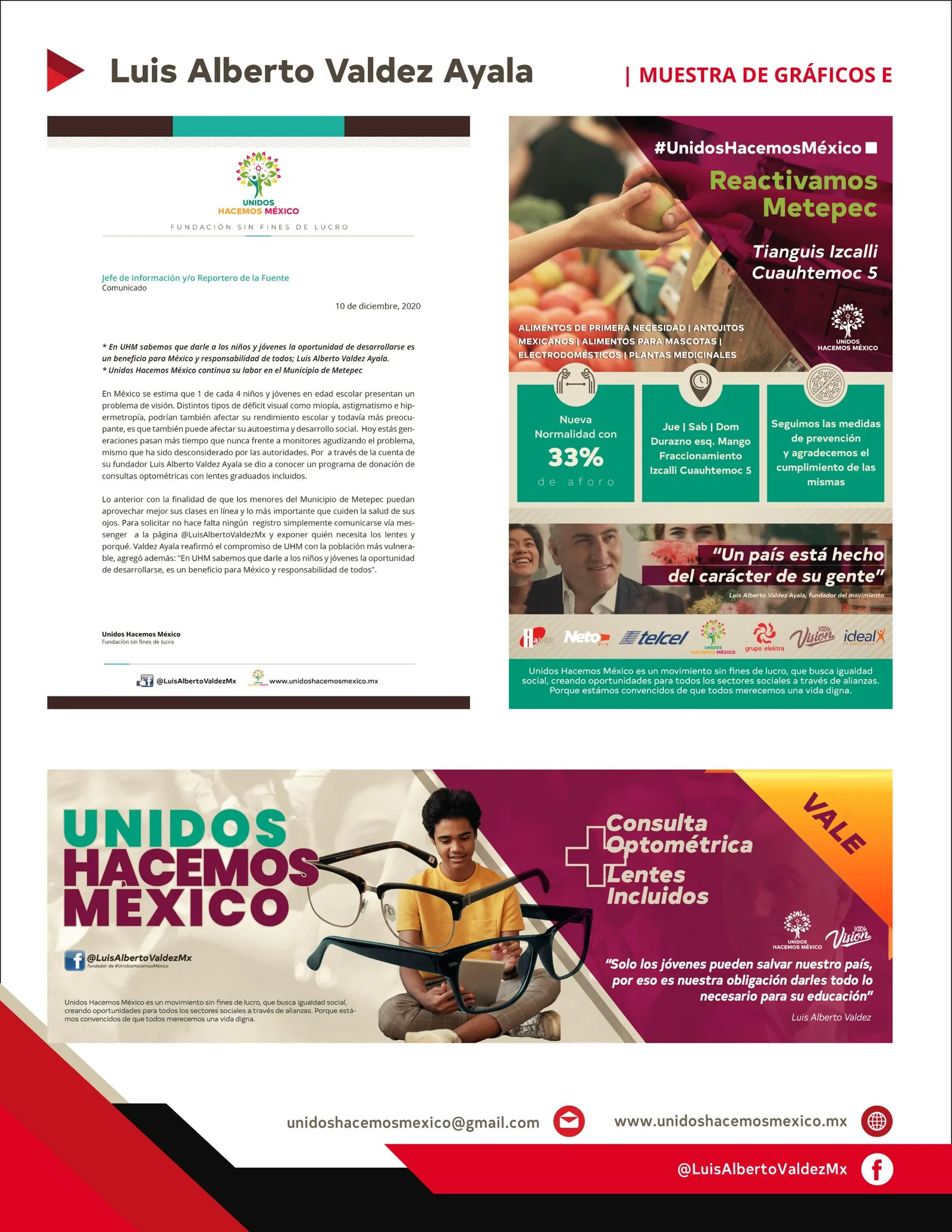Comunicado de prensa del 10 de diciembre de 2020, cartel “Reactivamos Metepec” y banner del vale de consulta optométrica.