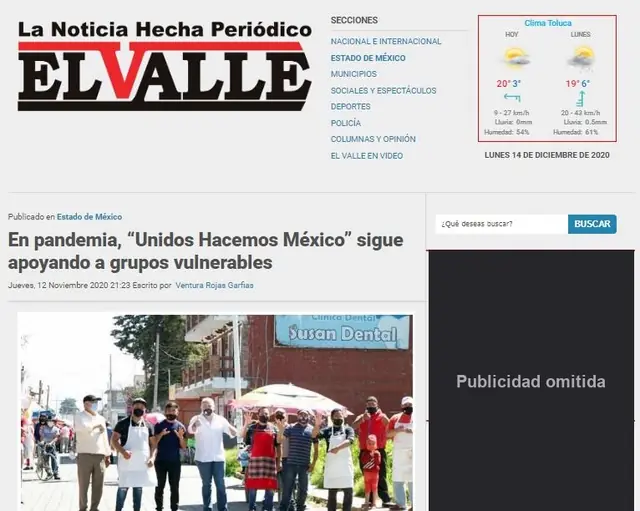 Captura de La Noticia Hecha Periódico El Valle: En pandemia, “Unidos Hacemos México” sigue apoyando a grupos vulnerables