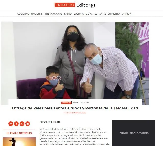 Captura de Primero Editores: Entrega de Vales para Lentes a Niños y Personas de la Tercera Edad