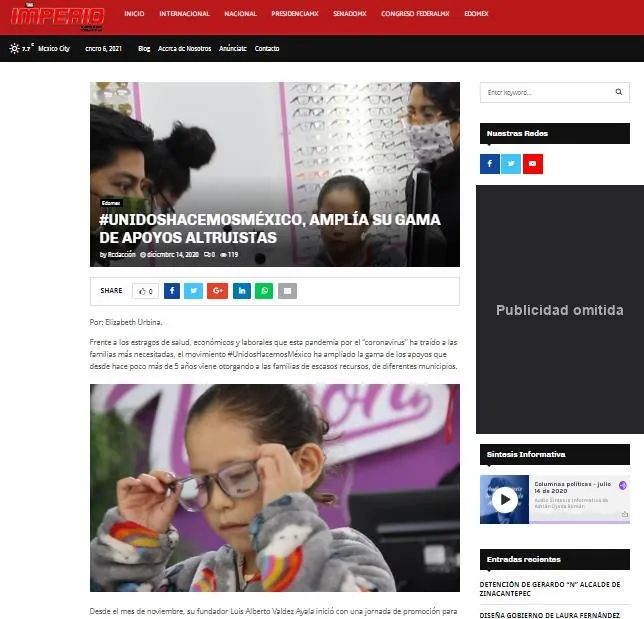 Captura de Imperio News: #UnidosHacemosMéxico, amplía su gama de apoyos altruistas