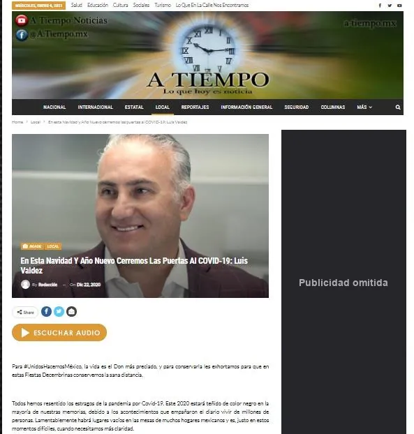Captura de A Tiempo: En esta Navidad y Año Nuevo cerremos las puertas al COVID-19: Luis Valdez
