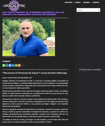 Captura de Apocaliptic: Luis Valdez, fundador de #UnidosHacemosMéxico, hace un llamado a ser responsables en fiestas decembrinas